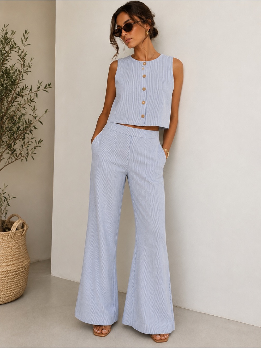 Pinstripe Flared Wide-Leg Pant Set